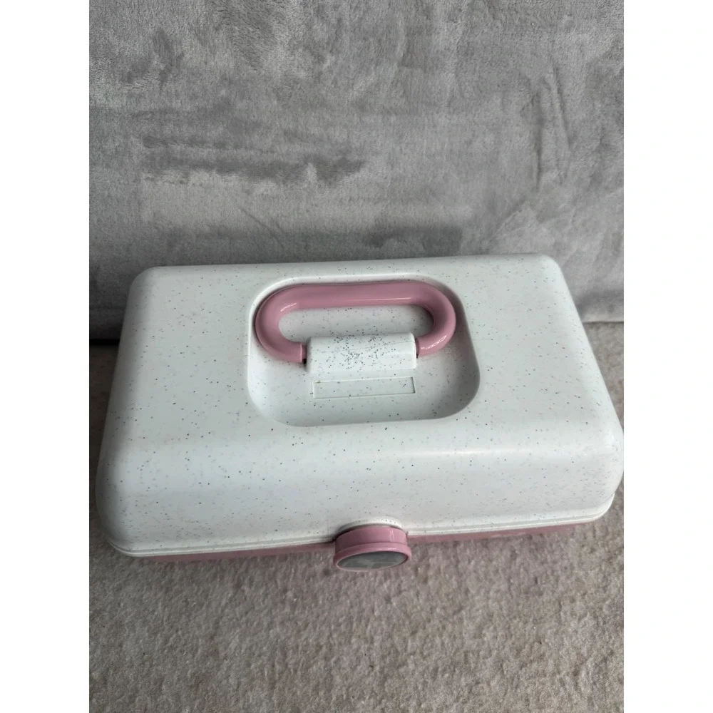 Vintage Caboodles Makeup Organizer Pink White Speckled Mirror Vanity Case 90s